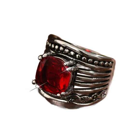 Statement Bohemian-Inspired Wide Silver Ring with Large Red CZ - Picture 3 of 4